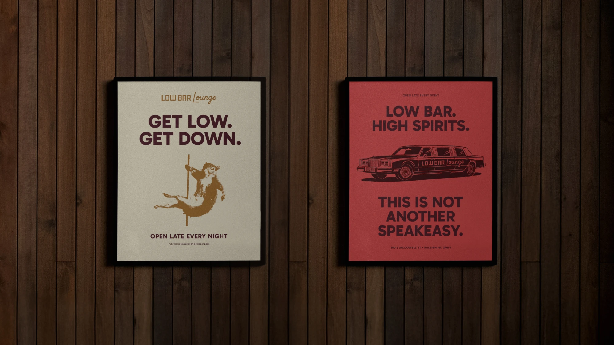 Low Bar Lounge in Raleigh posters with illustration and brand messaging