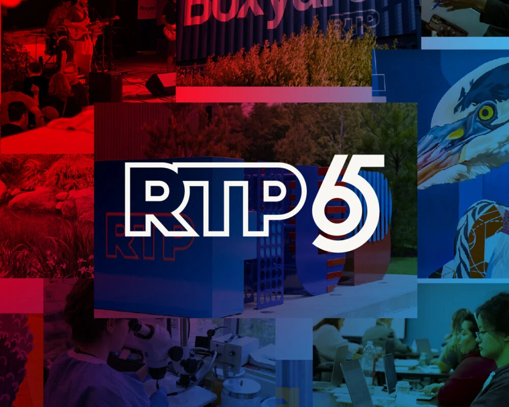 The logo for RTP's 65 year anniversary in white, over a collage of photos