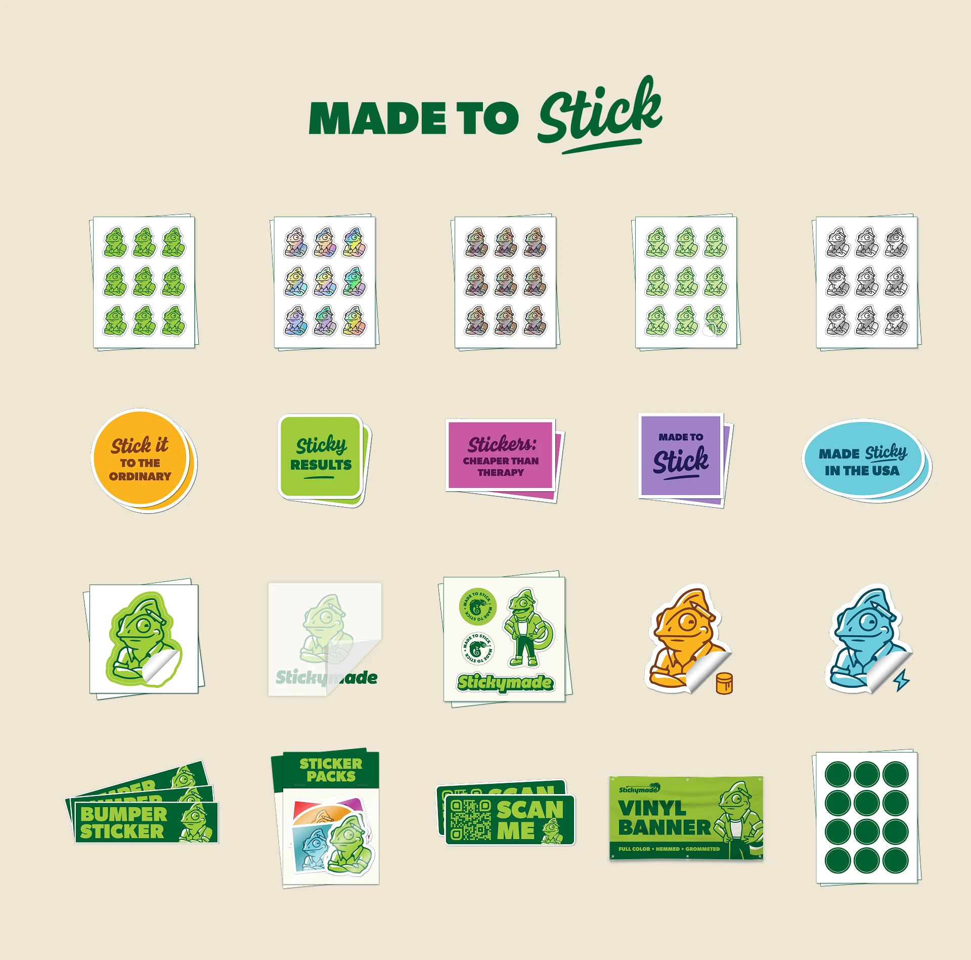 Stickymade brand identity, mascot illustration, messaging and more