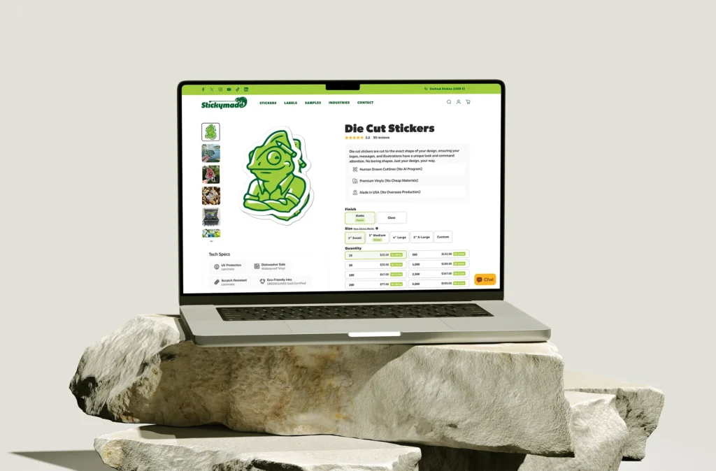 An open laptop with Stickymade.com's online sticker ordering process on the screen