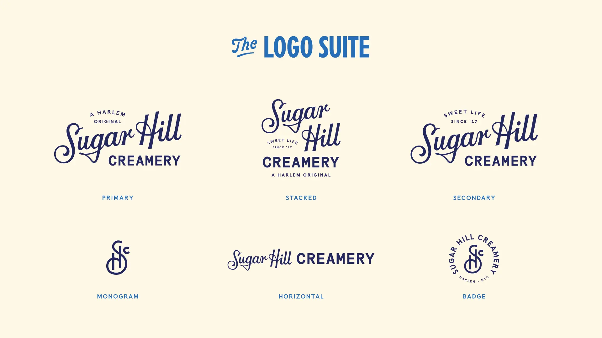 Sugar Hill Creamery logo suite in navy over vanilla background