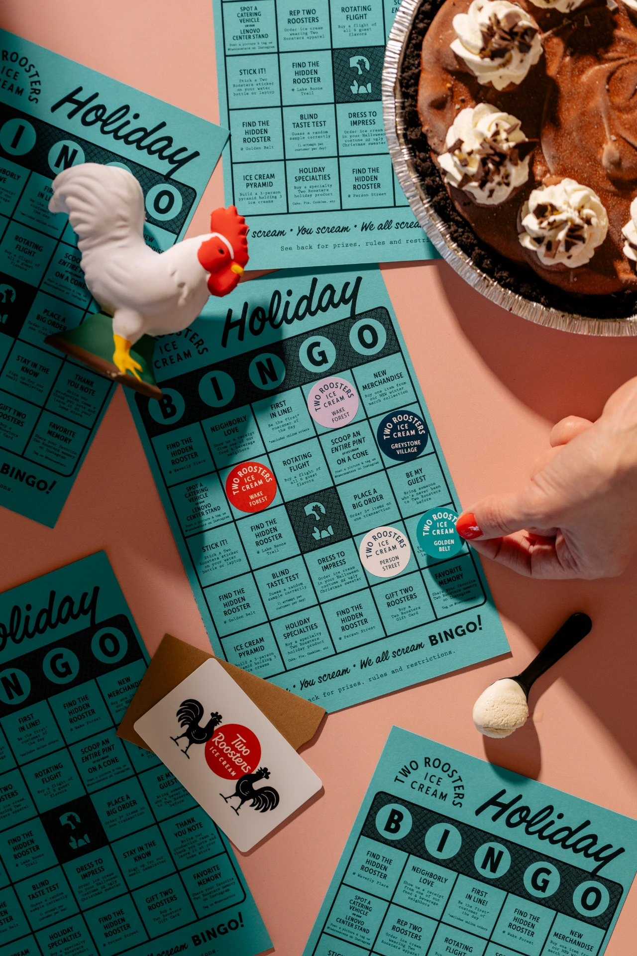 Holiday bingo cards for Two Roosters
