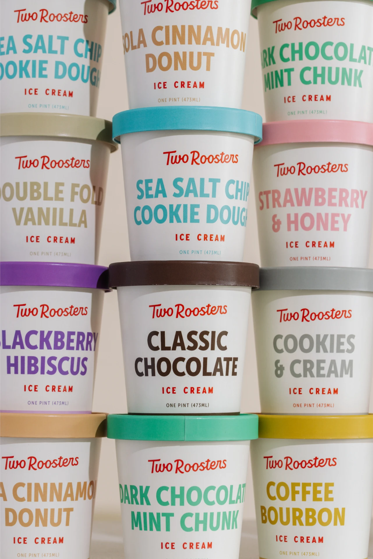 Three stacks of 4 different ice cream flavor pints from Two Roosters