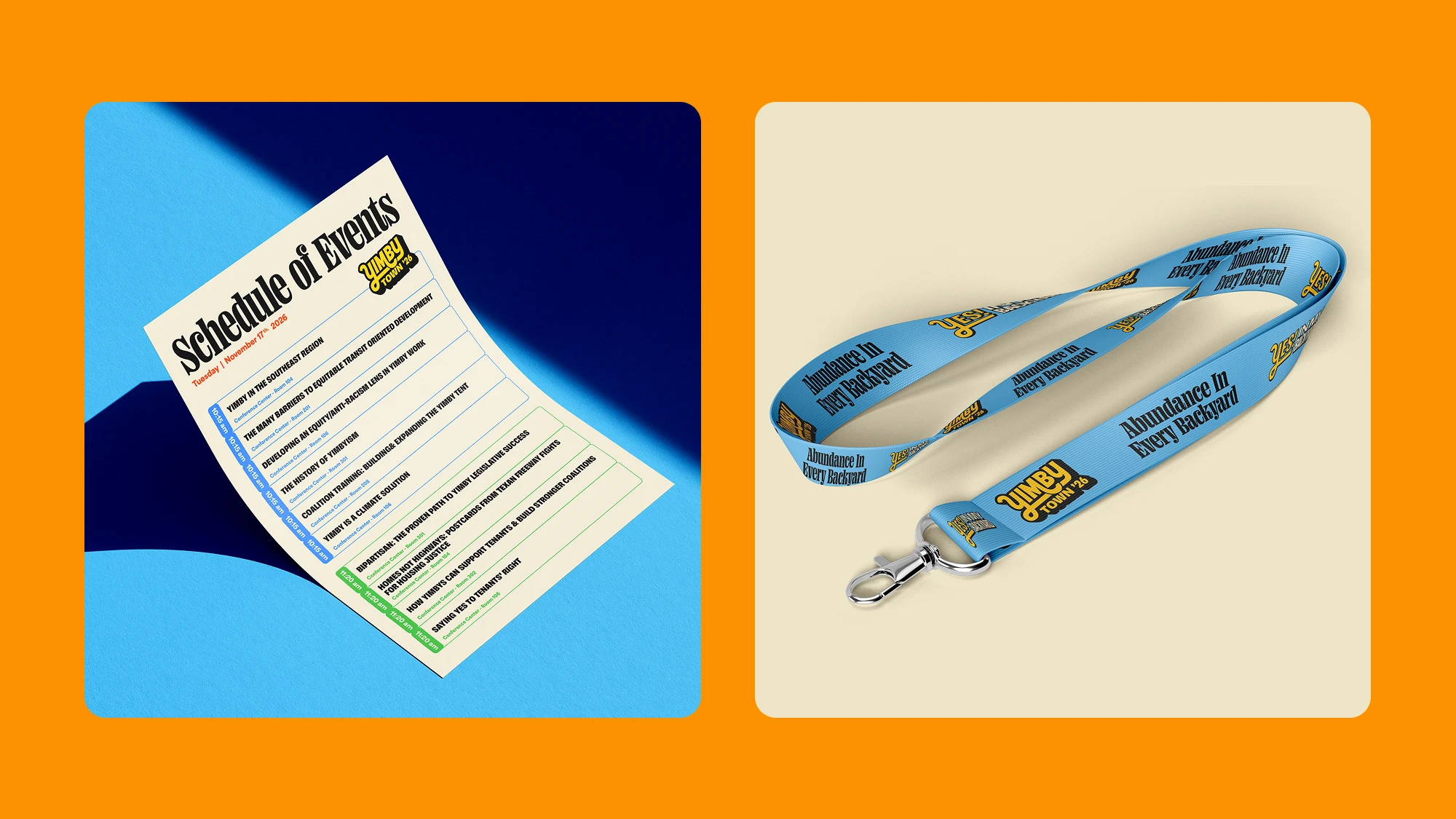 Two mockups for YimbyTown - a schedule of events and a landyard