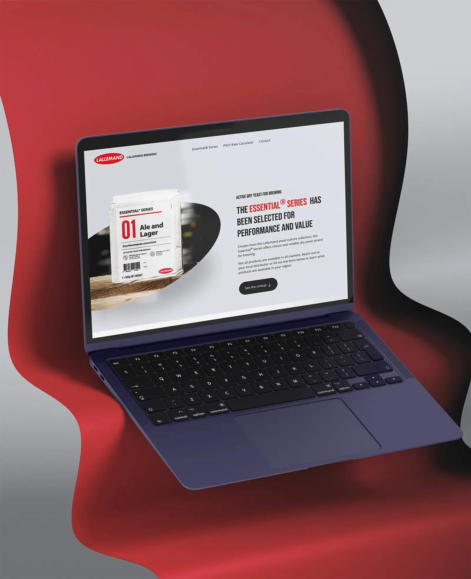 A laptop mockup showing the Lallemand Brewing Essential Series landing page