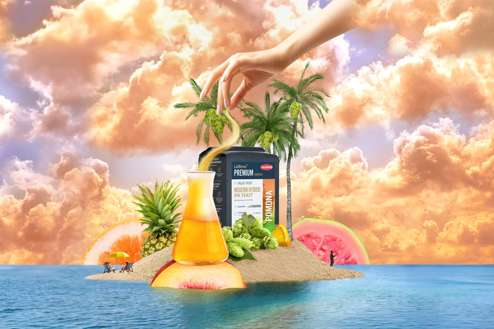 Ad creative for Ponoma yeast, with an arm from the gods reaching down on a tropical island