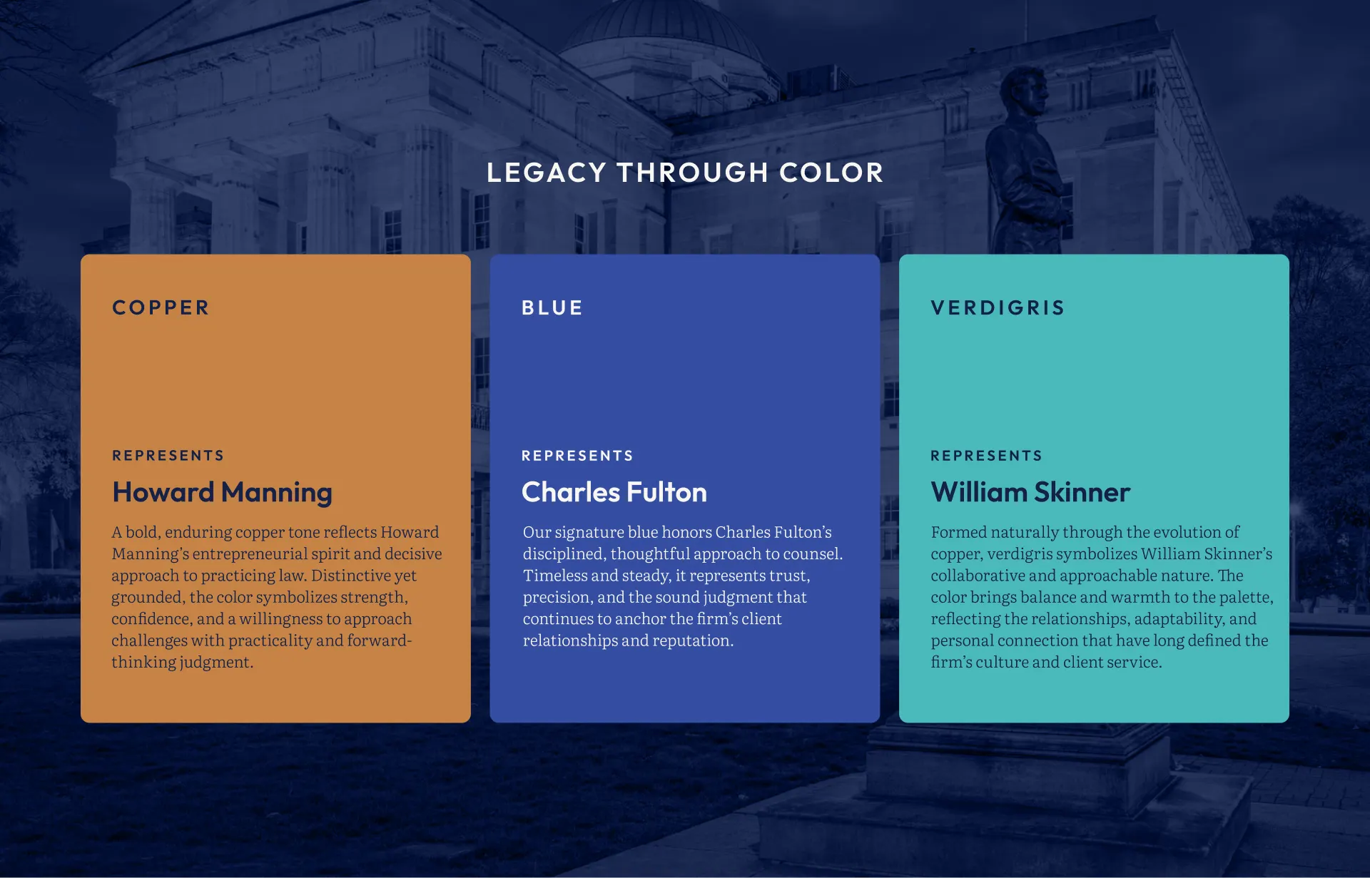 Primary brand colors, copper, blue and verdigris