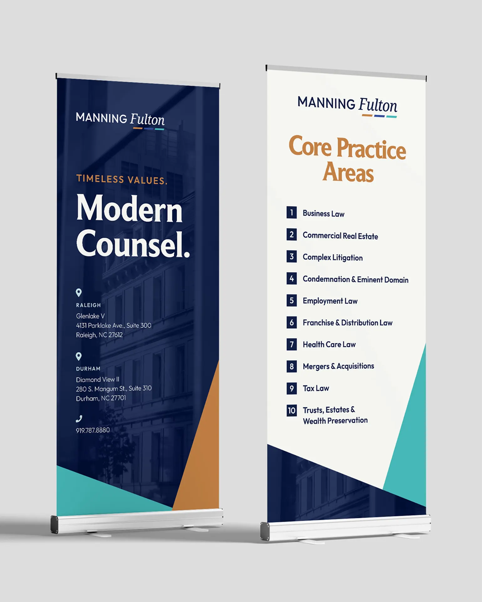Two retractable banner designs for Manning Fulton