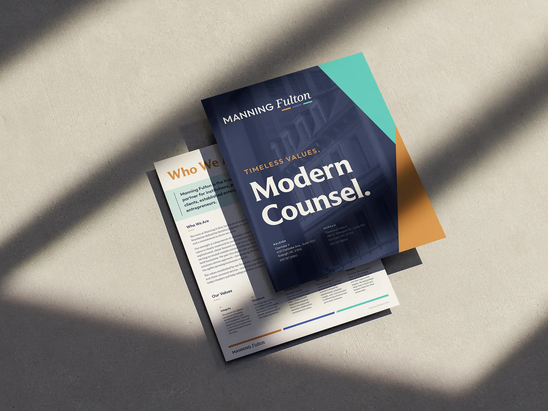 Two pages from Manning Fulton's firm overview brochure
