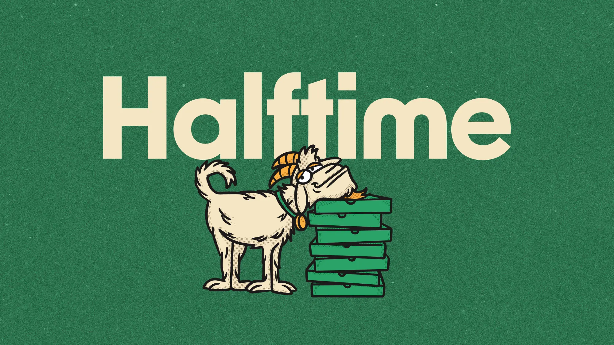 Illustration of Bookie's mascot, Halftime the goat, resting his head on a stack of pizza boxes