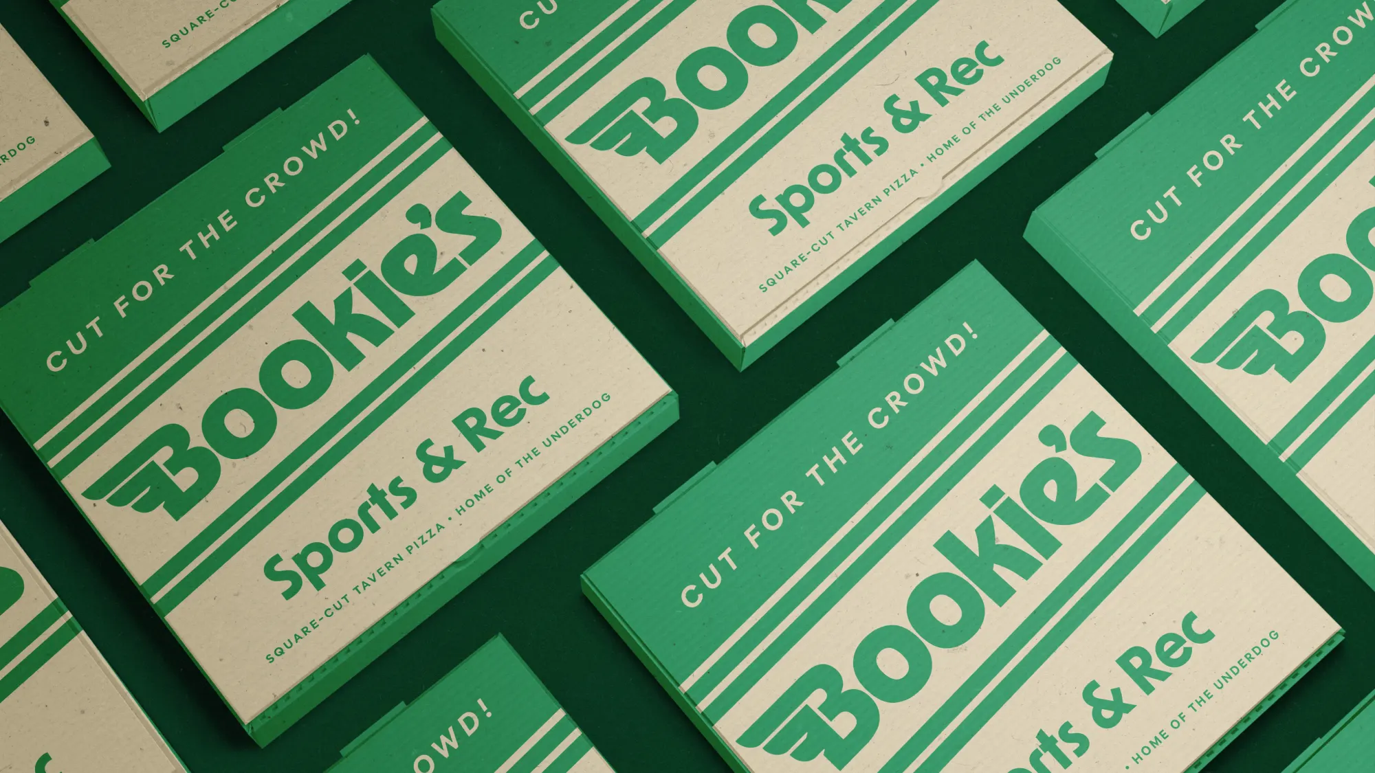 Custom pizza boxes for Bookie's, with green on white