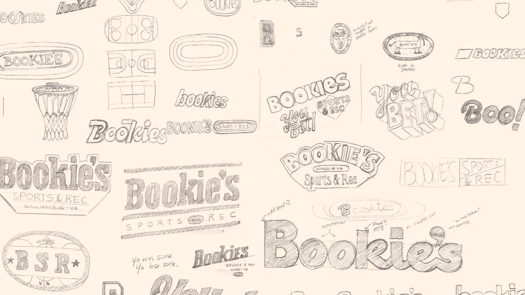 Initial pencil sketches for Bookie's Sports and Rec brand identity